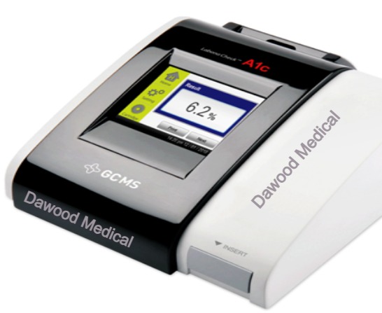LabonaCheck A1c is a laboratory-compatible glycohemoglobin (HbA1c) analyzer featuring automatic tray-loading and built-in thermal printer.
